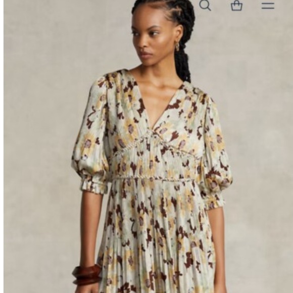NEW Polo Ralph Lauren Plisse Crinkle Silk Braided Floral Ltiti Puff Sleeve Dress - Picture 4 of 14
